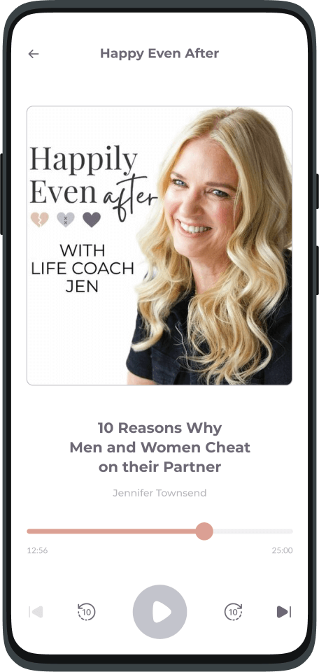 Promotional graphic on a mobile screen featuring a smiling blonde woman, titled "happily even after with life coach jen" and the text "10 reasons why men and women cheat by jennifer townner.