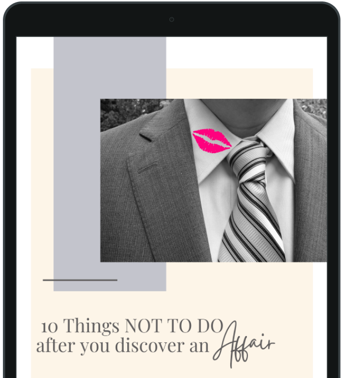 Tablet displaying an article titled "10 things not to do after you discover an affair", featuring an image of a man in a suit with a lipstick mark on his cheek.
