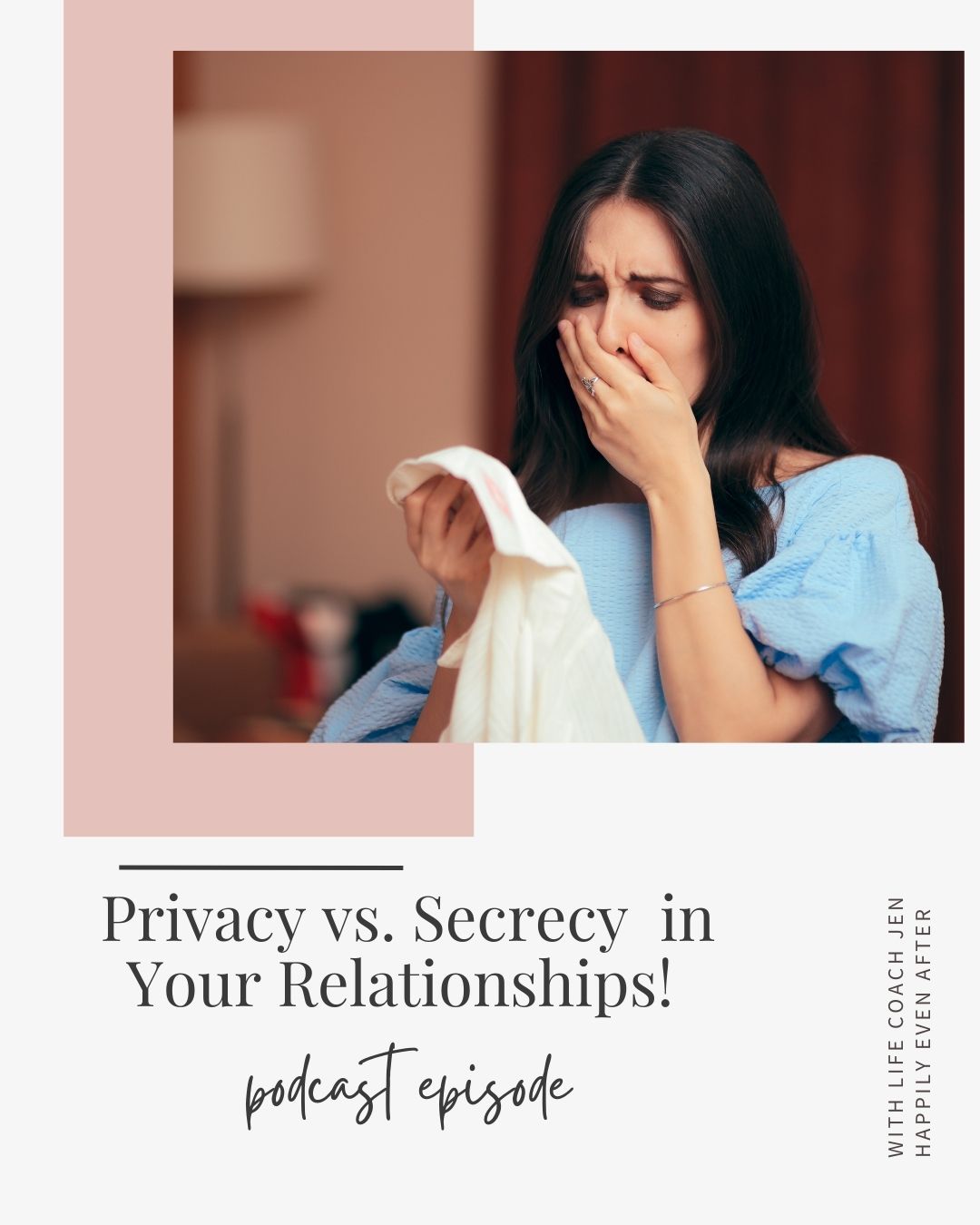 Woman in blue blouse covers her mouth while sneezing into a tissue, with text overlay about a podcast episode titled "privacy vs. secrecy.