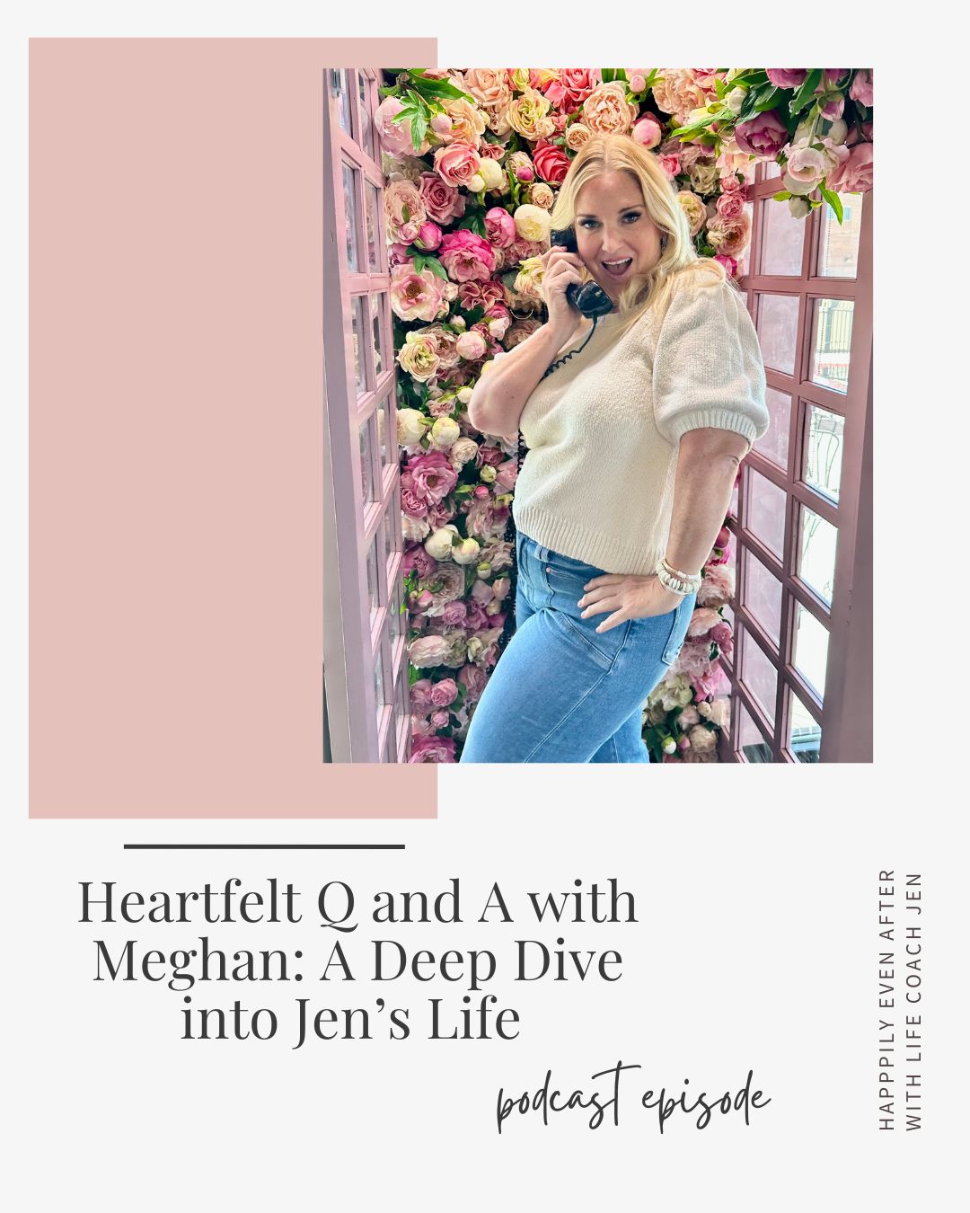 Woman smiling and holding a telephone, standing in front of a vibrant floral wall, with text overlay about a podcast episode.