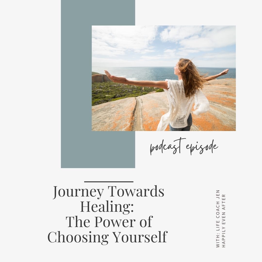Woman with arms outstretched standing on a rocky coast under a clear sky, with a podcast episode graphic overlay titled "healing: choosing yourself.