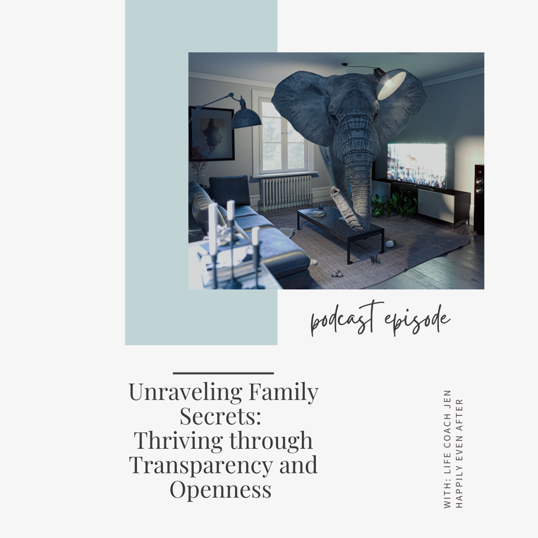 A surreal living room design with a large elephant emerging from the wall, accompanied by text promoting a podcast episode titled "unraveling family secrets: thriving through transparency and openness.