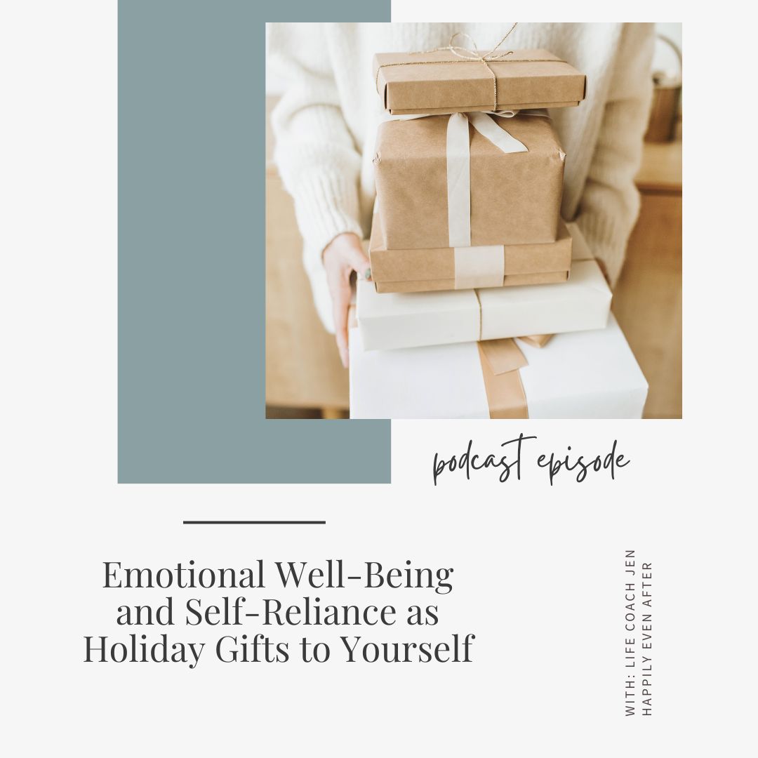 A person holding a stack of neatly wrapped gifts, with text overlay about a podcast episode on emotional well-being and self-gifting.